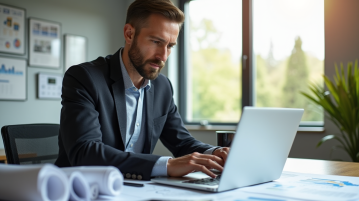 Investisseur immobilier analysant des graphiques de rendement locatif dans un bureau lumineux