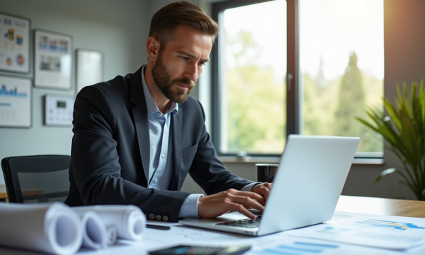 Investisseur immobilier analysant des graphiques de rendement locatif dans un bureau lumineux