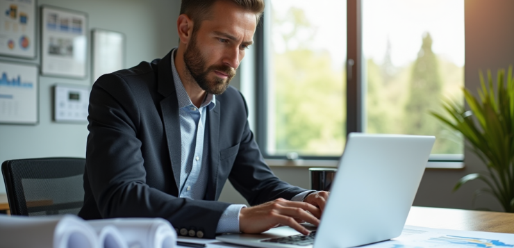 Investisseur immobilier analysant des graphiques de rendement locatif dans un bureau lumineux