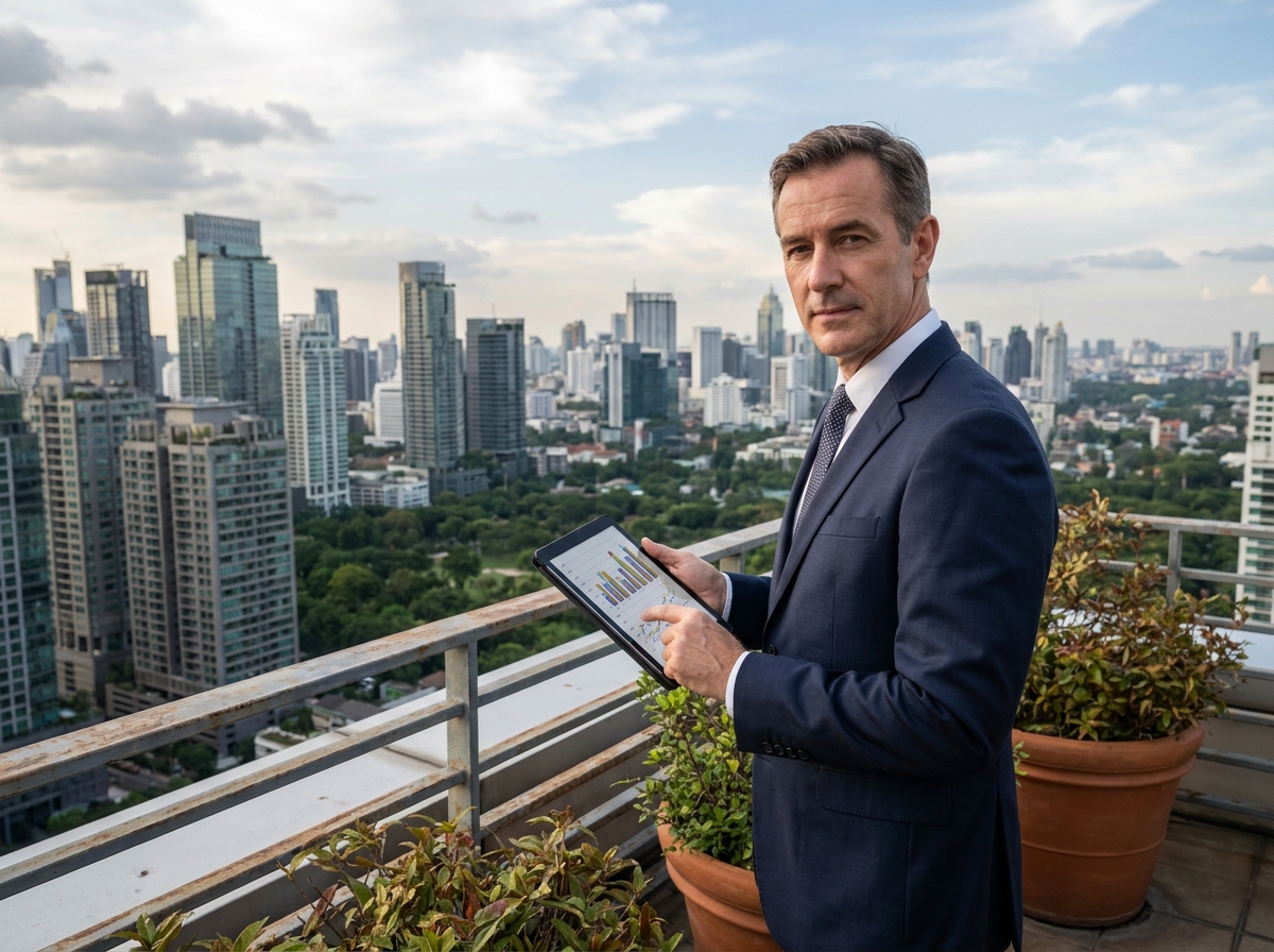 Investisseur sur un rooftop avec vue sur la ville