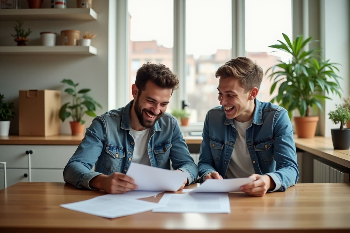 Jeune couple souriant dans leur appartement moderne