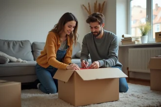 Jeune couple emballant des cartons dans un salon modeste
