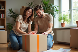 Jeune couple souriant en train de tapisser des cartons dans un salon lumineux