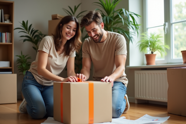 Jeune couple souriant en train de tapisser des cartons dans un salon lumineux