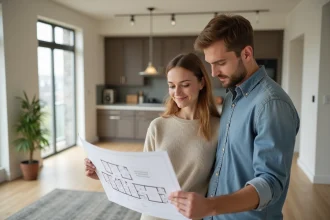 Jeune couple examine un plan dans un appartement lumineux