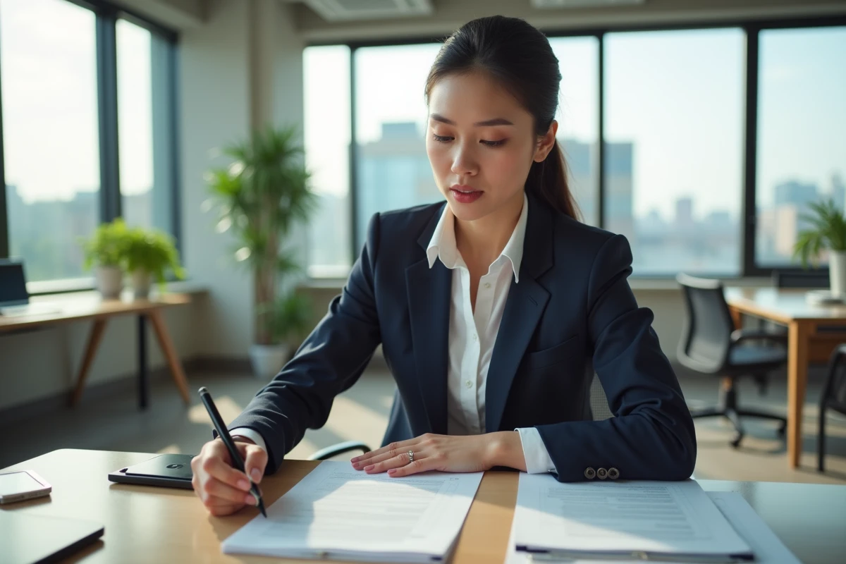 Jeune femme professionnelle remplissant un dossier de logement