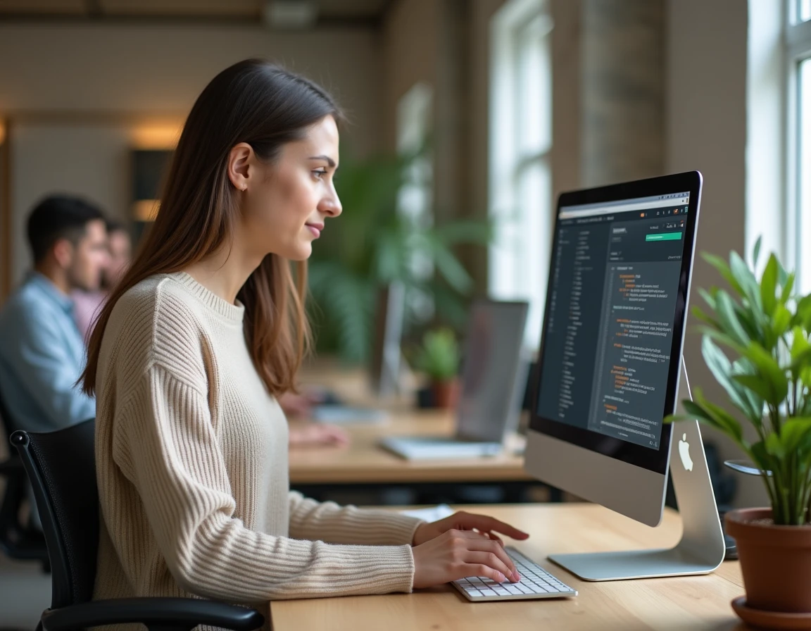 Jeune femme comparant deux onglets de connexion sur un ordinateur de bureau dans un espace de coworking, illustrant les différences entre les portails Inli