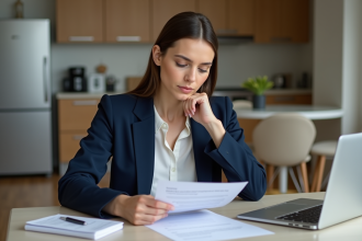 Jeune femme en blazer examine un contrat de location dans une cuisine