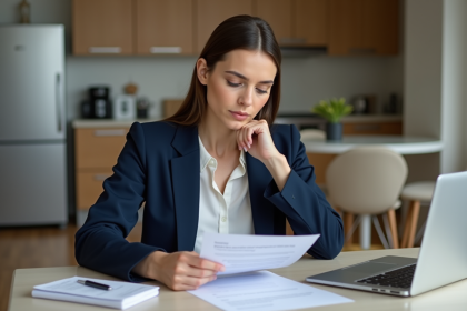 Jeune femme en blazer examine un contrat de location dans une cuisine