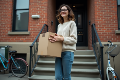 Jeune femme portant une boîte dans un immeuble urbain