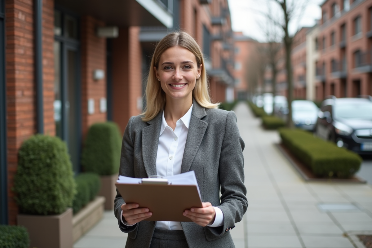 Jeune femme confiante devant un immeuble résidentiel urbain