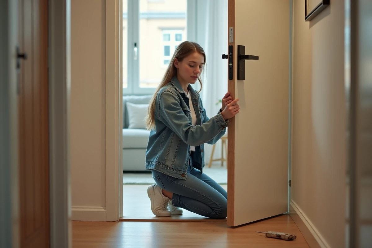 Jeune femme posant une nouvelle serrure dans l entrée