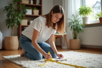 Jeune femme mesure un tapis dans un salon chaleureux