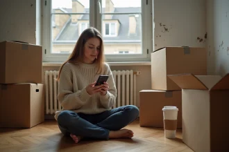 Jeune femme cherchant un logement étudiant à Paris sur son smartphone entourée de cartons