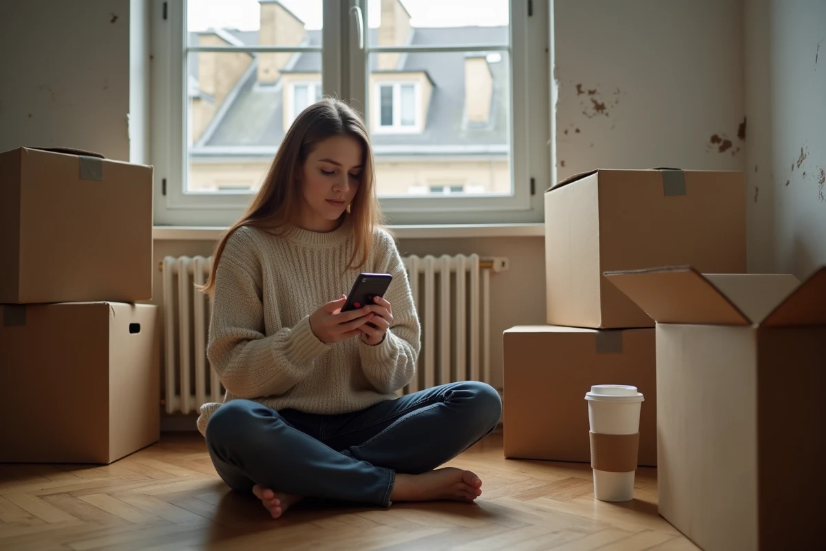 Jeune femme cherchant un logement étudiant à Paris sur son smartphone entourée de cartons