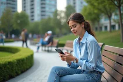 Jeune femme assise sur un banc dans un parc urbain avec smartphone