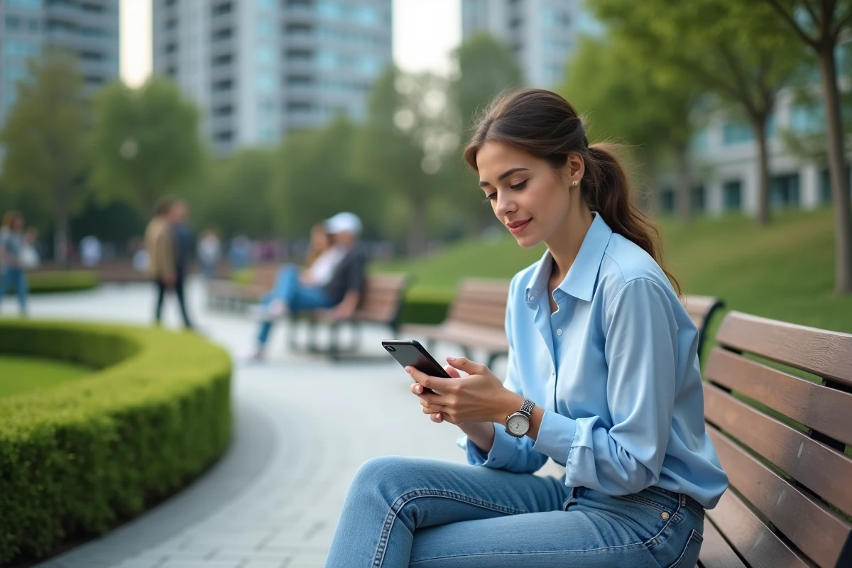 Jeune femme assise sur un banc dans un parc urbain avec smartphone
