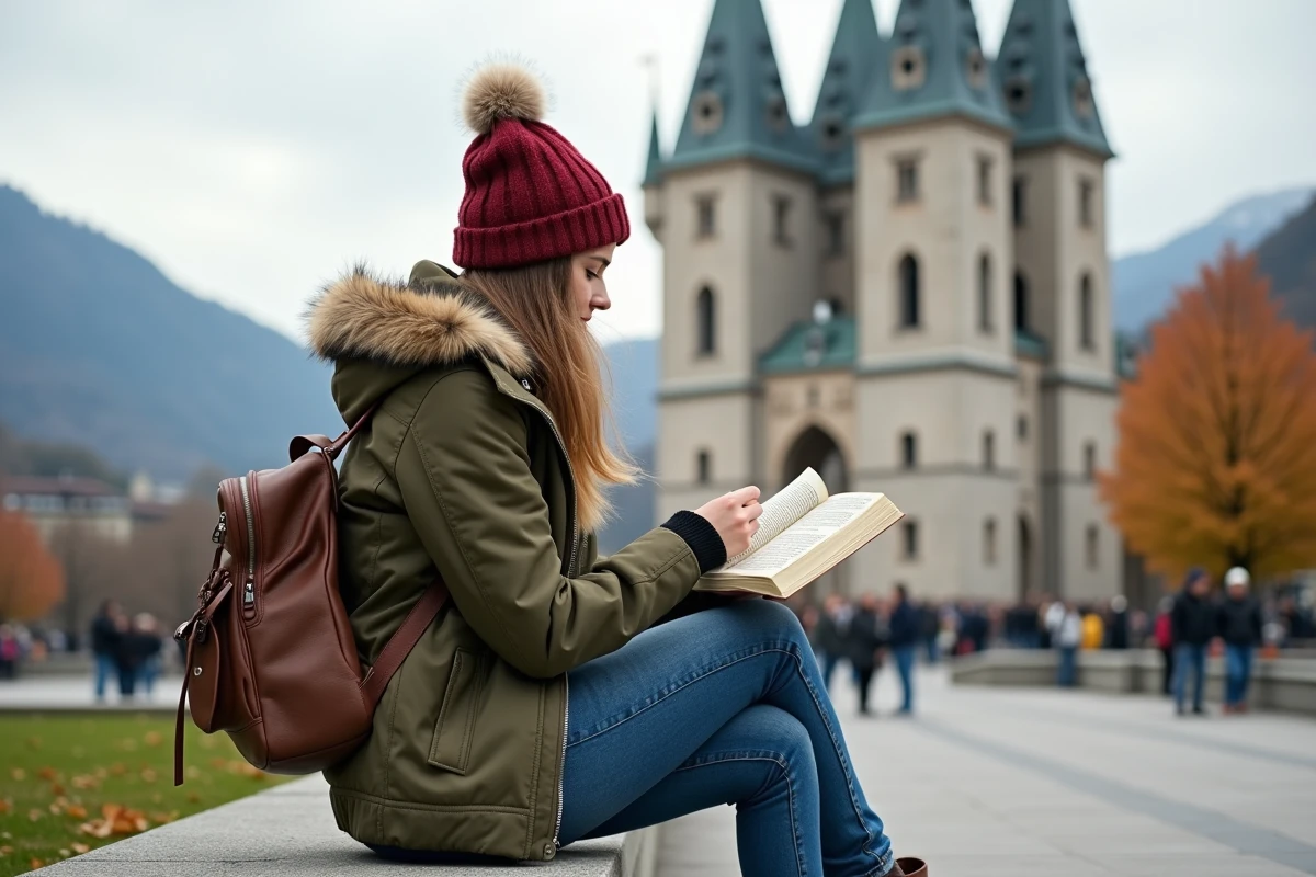Jeune femme lisant près des Trois Tours à Grenoble