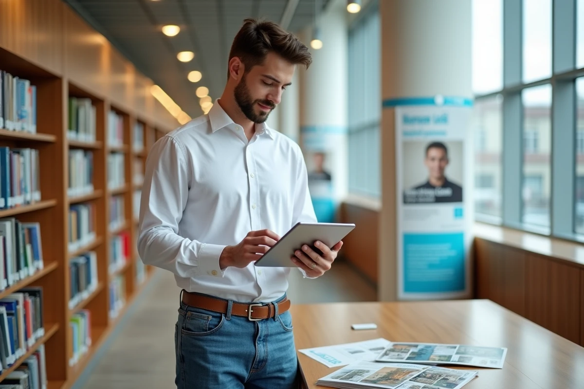 Jeune homme consulte des brochures dans une bibliothèque lumineuse