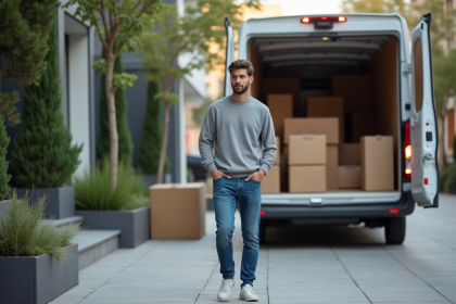 Jeune homme manœuvrant un van de déménagement devant un immeuble moderne
