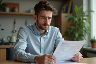 Jeune homme regardant des documents de location dans un appartement