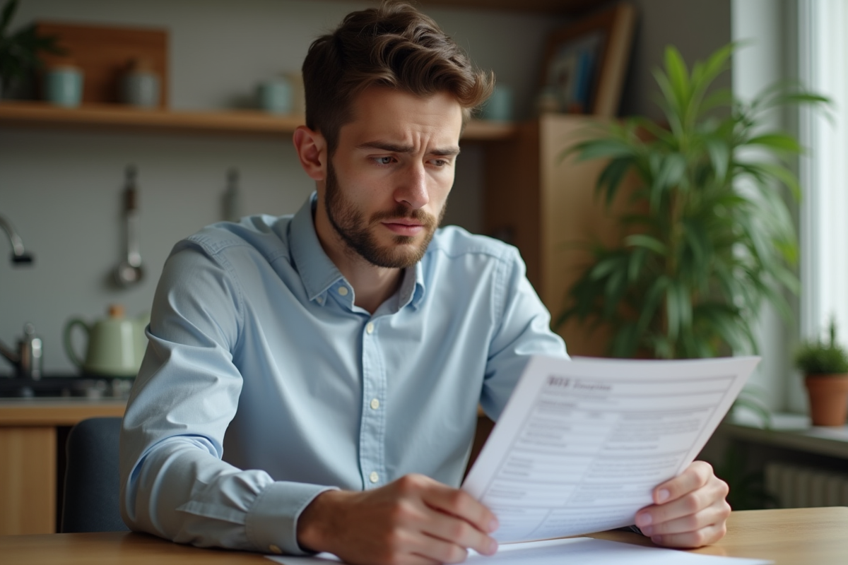 Jeune homme regardant des documents de location dans un appartement