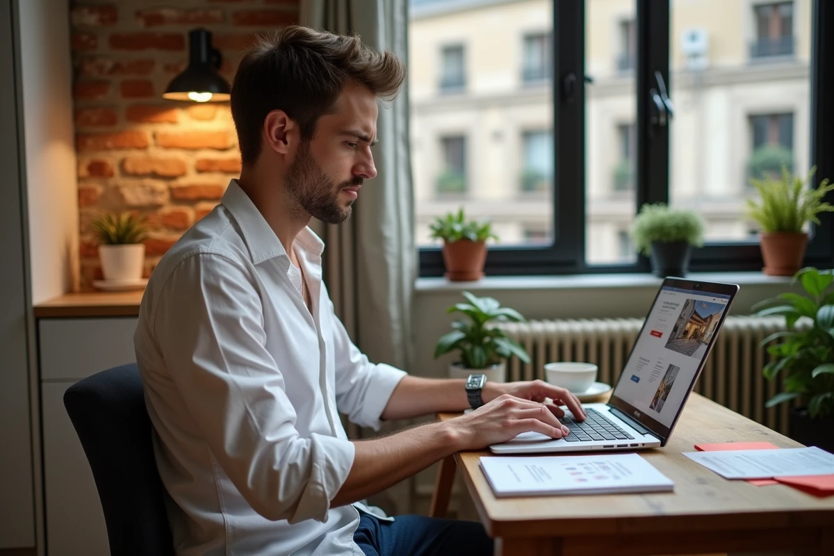 Jeune homme recherchant un appartement en location à Paris sur son ordinateur dans un petit studio