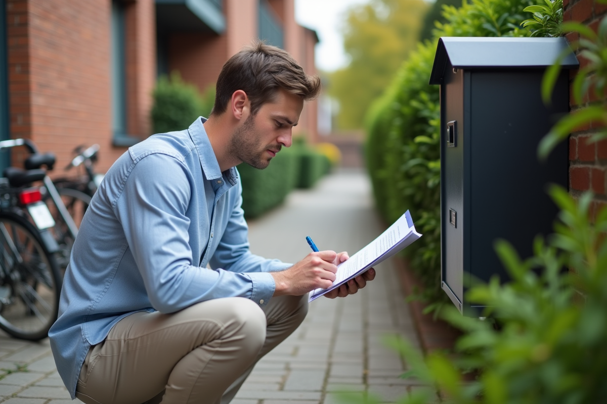 Jeune homme signe un document devant une boîte aux lettres