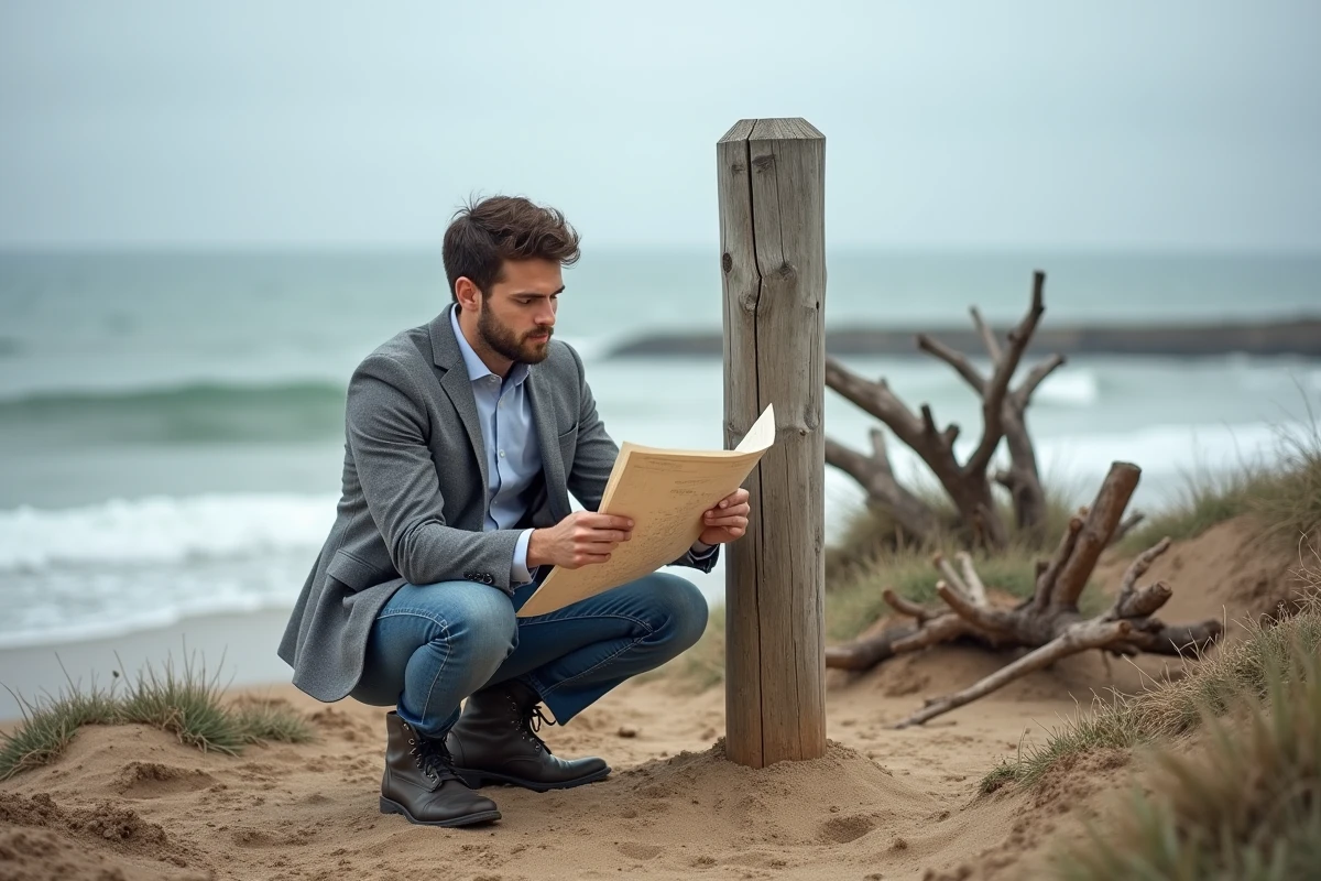 Jeune homme examinant une carte de terrain près de la plage
