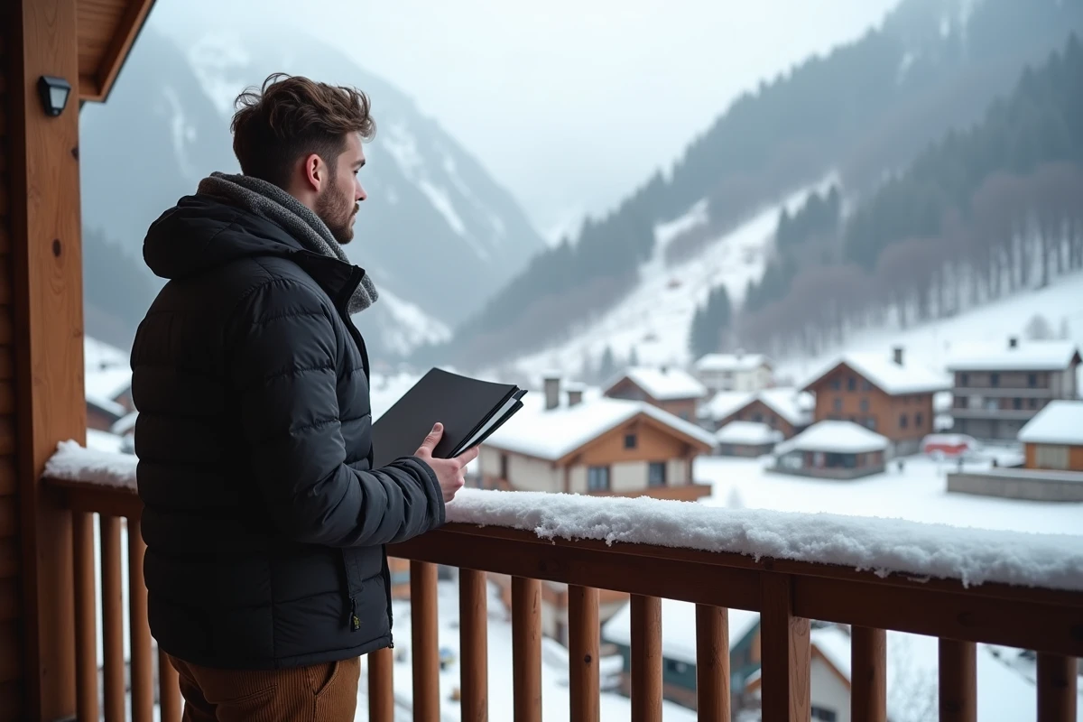 Jeune homme regardant la vallée depuis un balcon de station de ski
