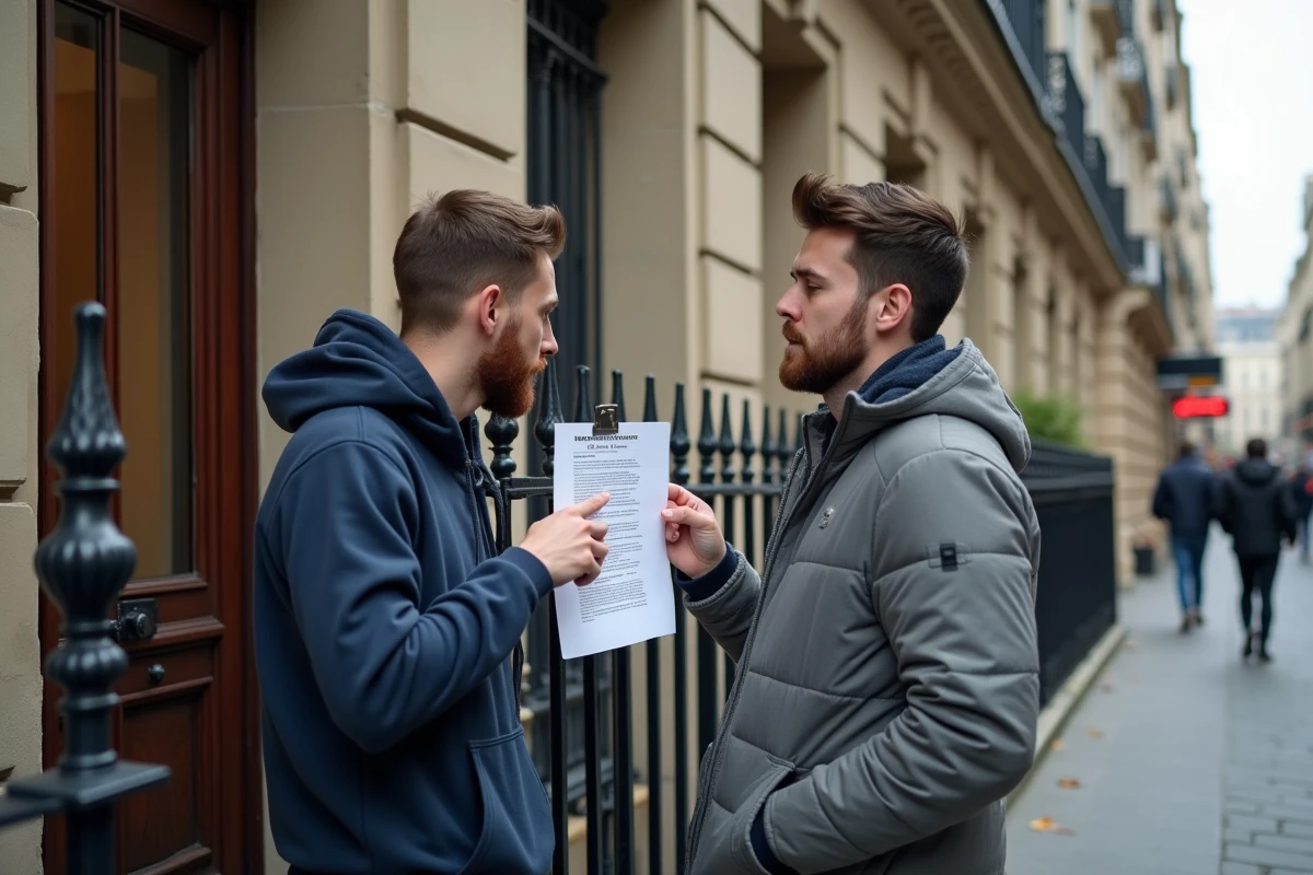 Deux jeunes actifs consultant une annonce de location affichée sur un immeuble haussmannien à Paris