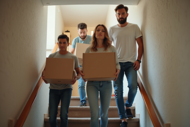 Trois jeunes adultes portant des cartons dans un appartement