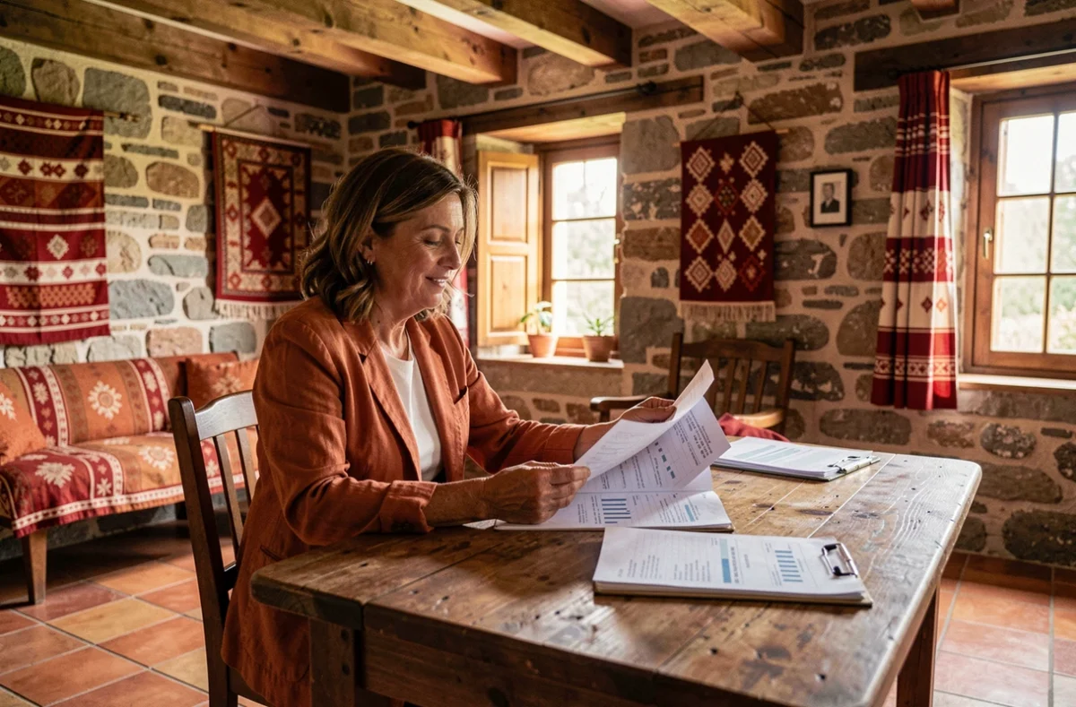 Conseillère de La Maison Basque examinant un dossier de gestion locative dans un intérieur traditionnel basque