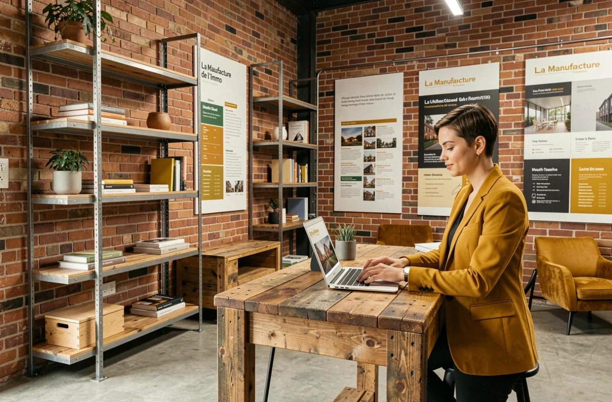 Espace de travail industriel-chic de l'agence La Manufacture de l'Immo avec conseillère au bureau