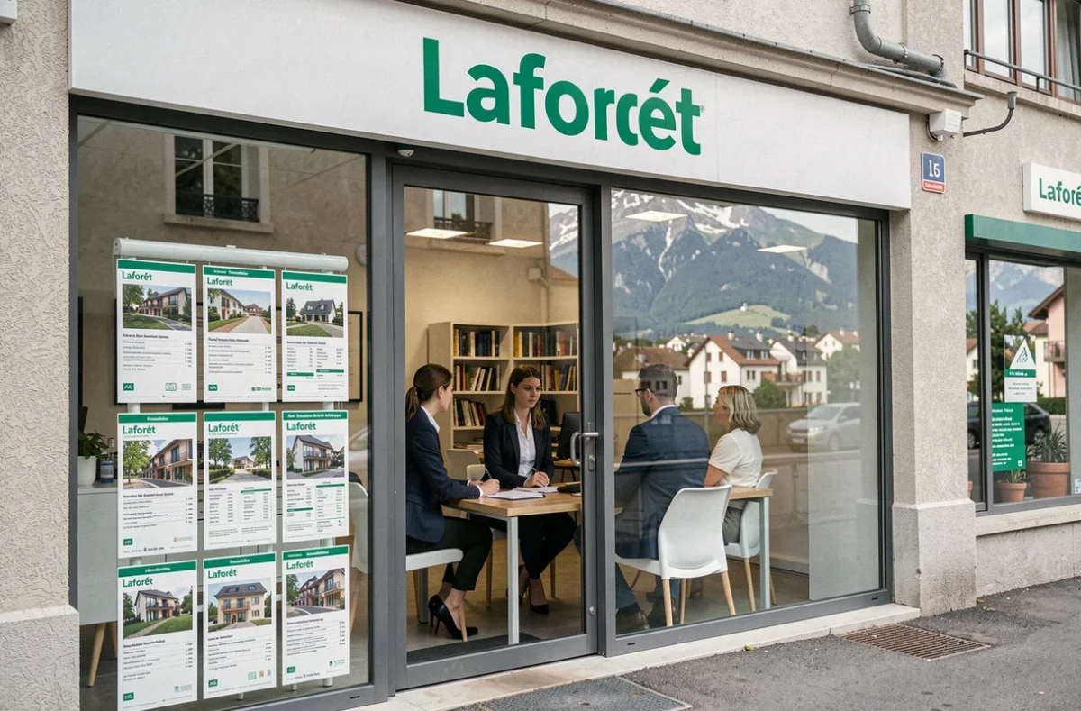 Agence Laforêt Immobilier en Auvergne-Rhône-Alpes avec agents conseillant un client pour une location