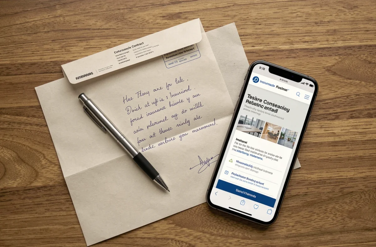 Vue de dessus d'un bureau avec une lettre de résiliation d'assurance habitation et un smartphone