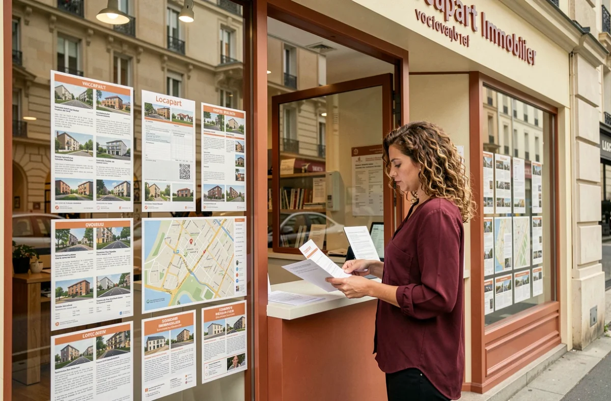 Devanture de l'agence Locapart Immobilier avec annonces de location et conseillère en train de consulter des documents