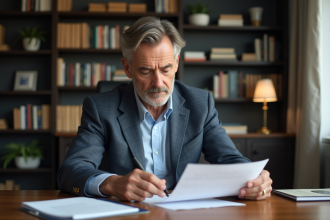 Homme loueur professionnel examinant un contrat dans un bureau