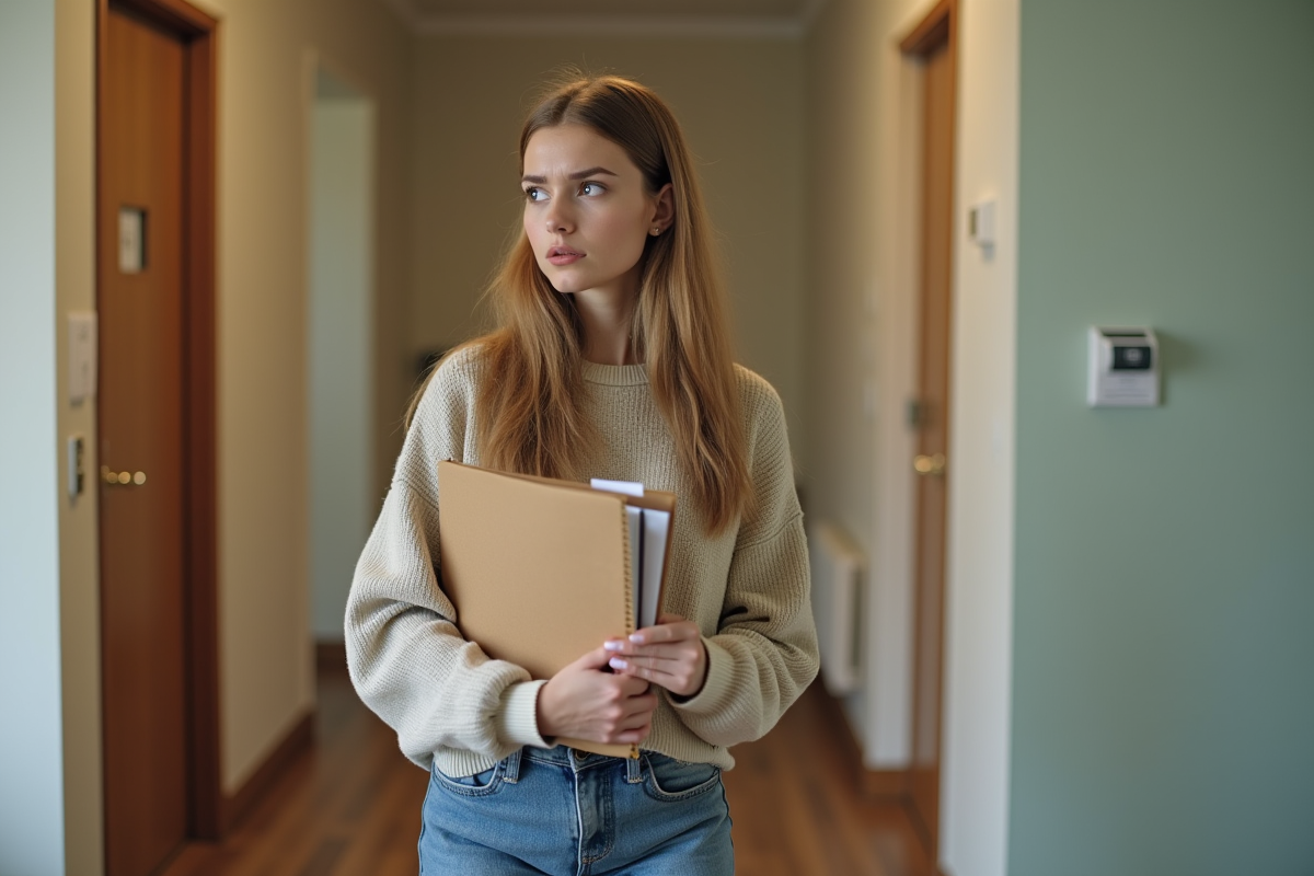 Jeune femme locataire tenant un dossier dans le couloir