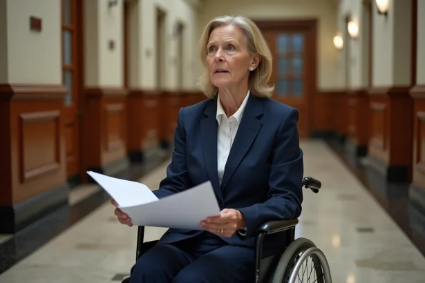 Locataire en fauteuil roulant tenant un document juridique dans un couloir de tribunal, illustrant le contentieux locatif et les droits des personnes handicapées