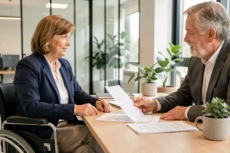 Femme en fauteuil roulant signant un contrat de location avec un propriétaire dans un bureau immobilier moderne, illustrant une location accessible et éthique pour personne handicapée