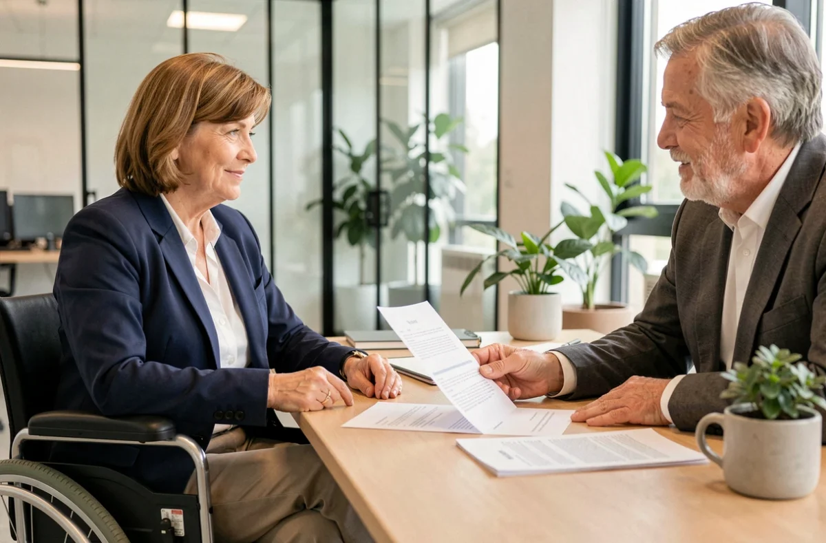 Femme en fauteuil roulant signant un contrat de location avec un propriétaire dans un bureau immobilier moderne, illustrant une location accessible et éthique pour personne handicapée
