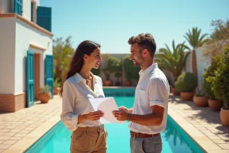Couple d'expatriés examinant un contrat de location longue durée de villa avec piscine à Essaouira sur une terrasse traditionnelle marocaine