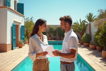Couple d'expatriés examinant un contrat de location longue durée de villa avec piscine à Essaouira sur une terrasse traditionnelle marocaine
