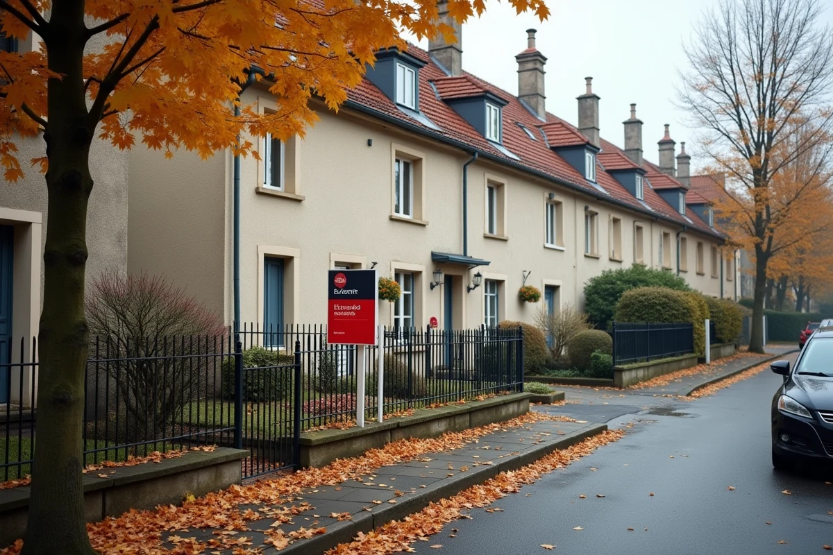 Maison à vendre dans un quartier résidentiel de Limoges avec panneau d'agence immobilière en automne