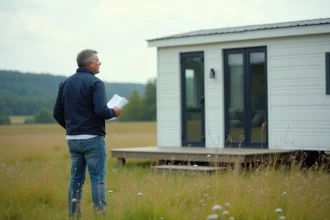 Homme en extérieur près d'une maison mobile en campagne