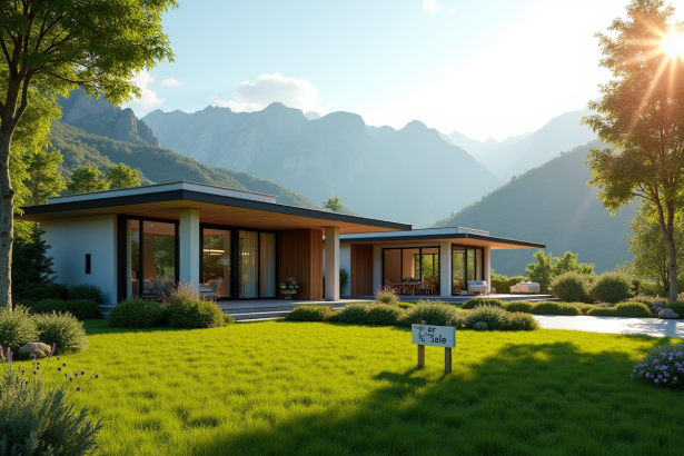 Maison moderne à vendre avec jardin ensoleillé et montagnes