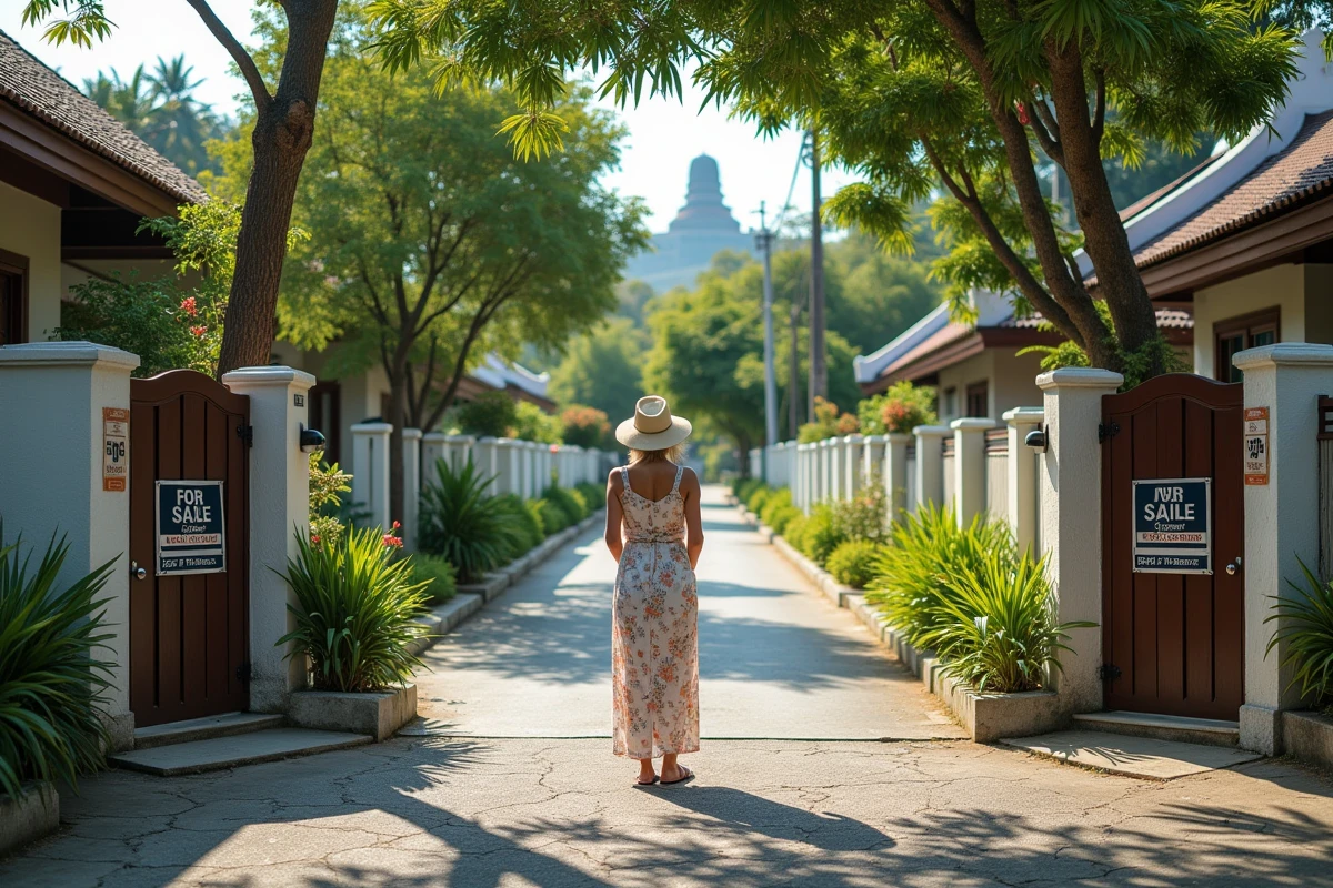Retraitée occidentale devant une maison à vendre dans une rue résidentielle calme de Hua Hin en Thaïlande