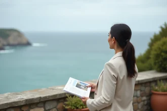 Femme examinant une maison avec vue mer en Bretagne depuis la terrasse en granit