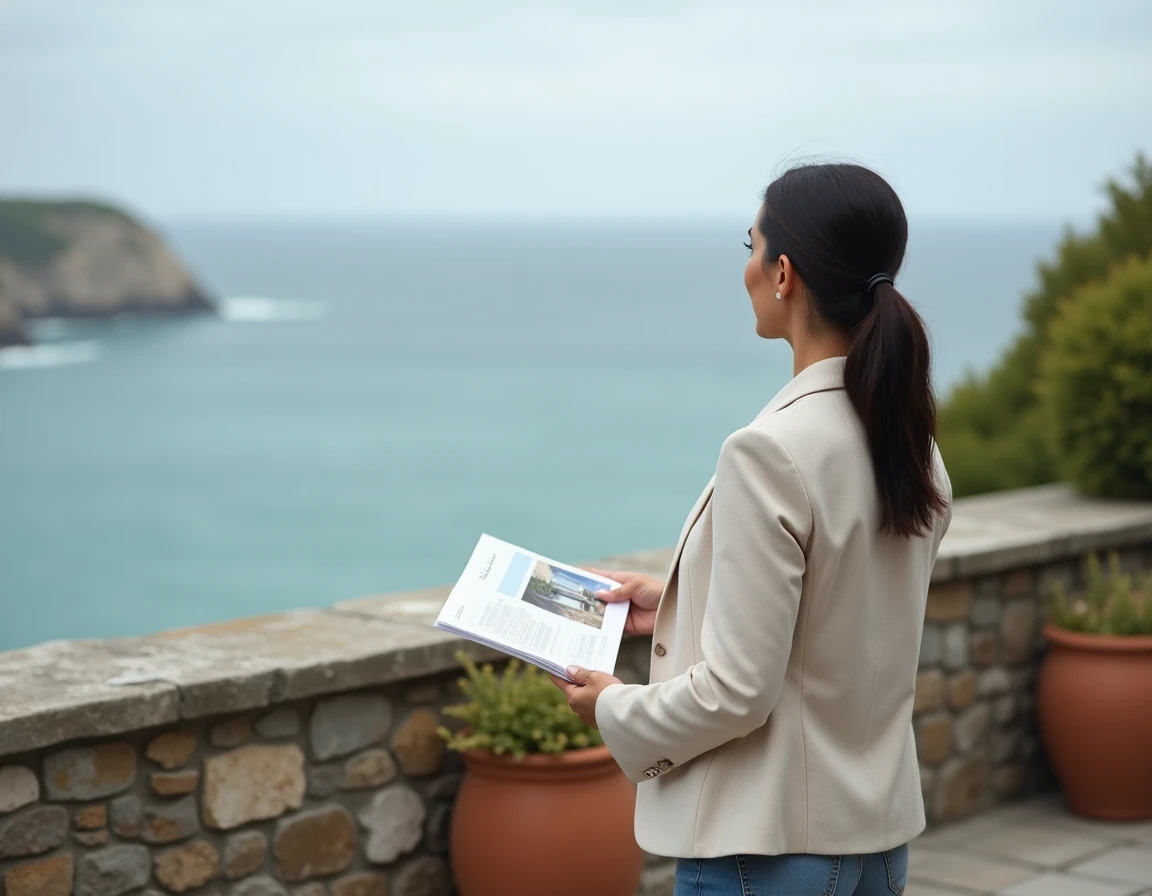 Femme examinant une maison avec vue mer en Bretagne depuis la terrasse en granit